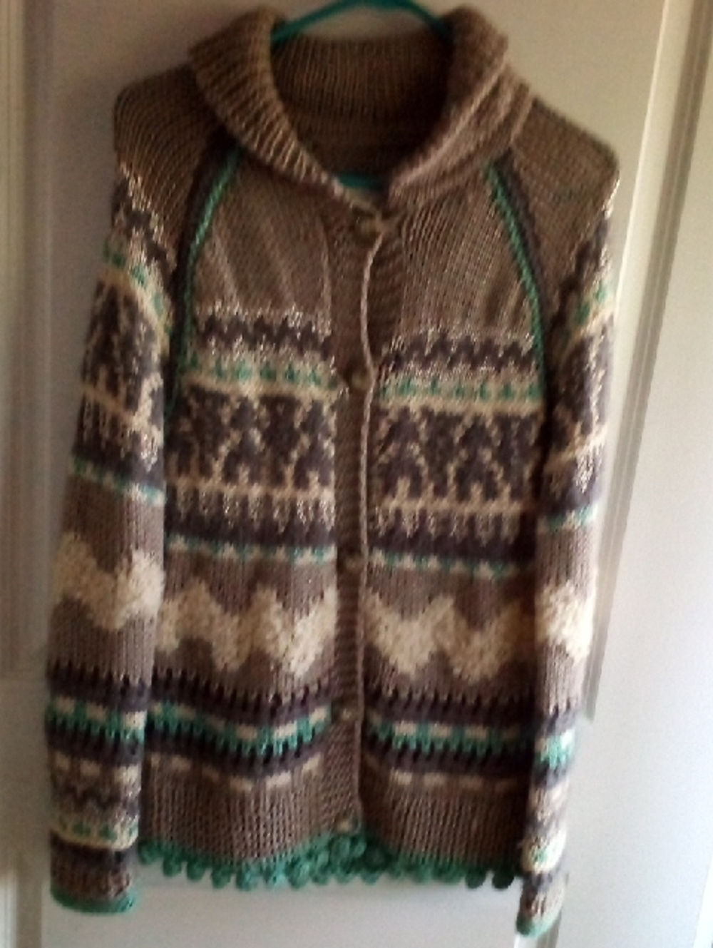 Rebecca Taylor Brown Cream and Teal Patterned Knit Cardigan